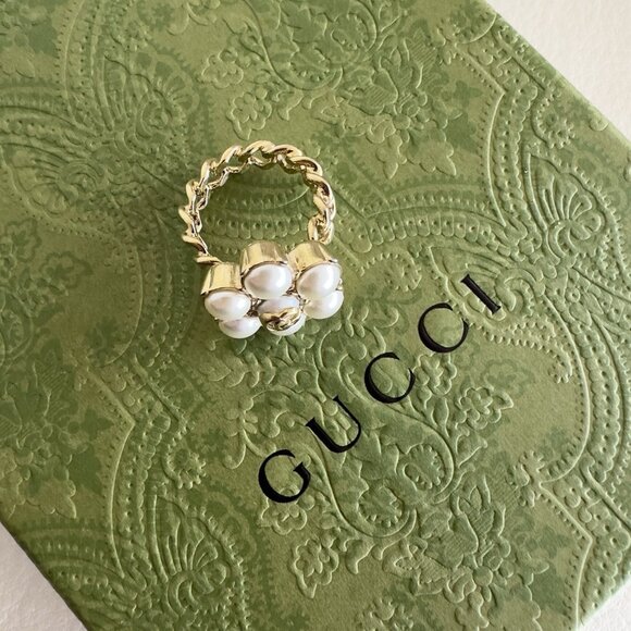 NEW GUCCI Ring Pearl Double G GG Logo Gold Sz L 100% Authentic - Picture 3 of 9